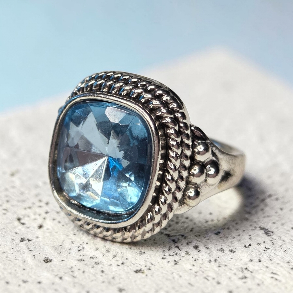 Luxury Chunky Silver Aquamarine Crystal Braided Rope Ring
